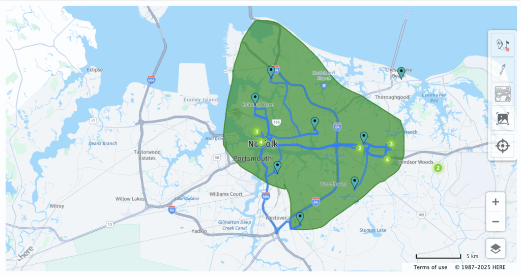 map with green polygon and several points of interest